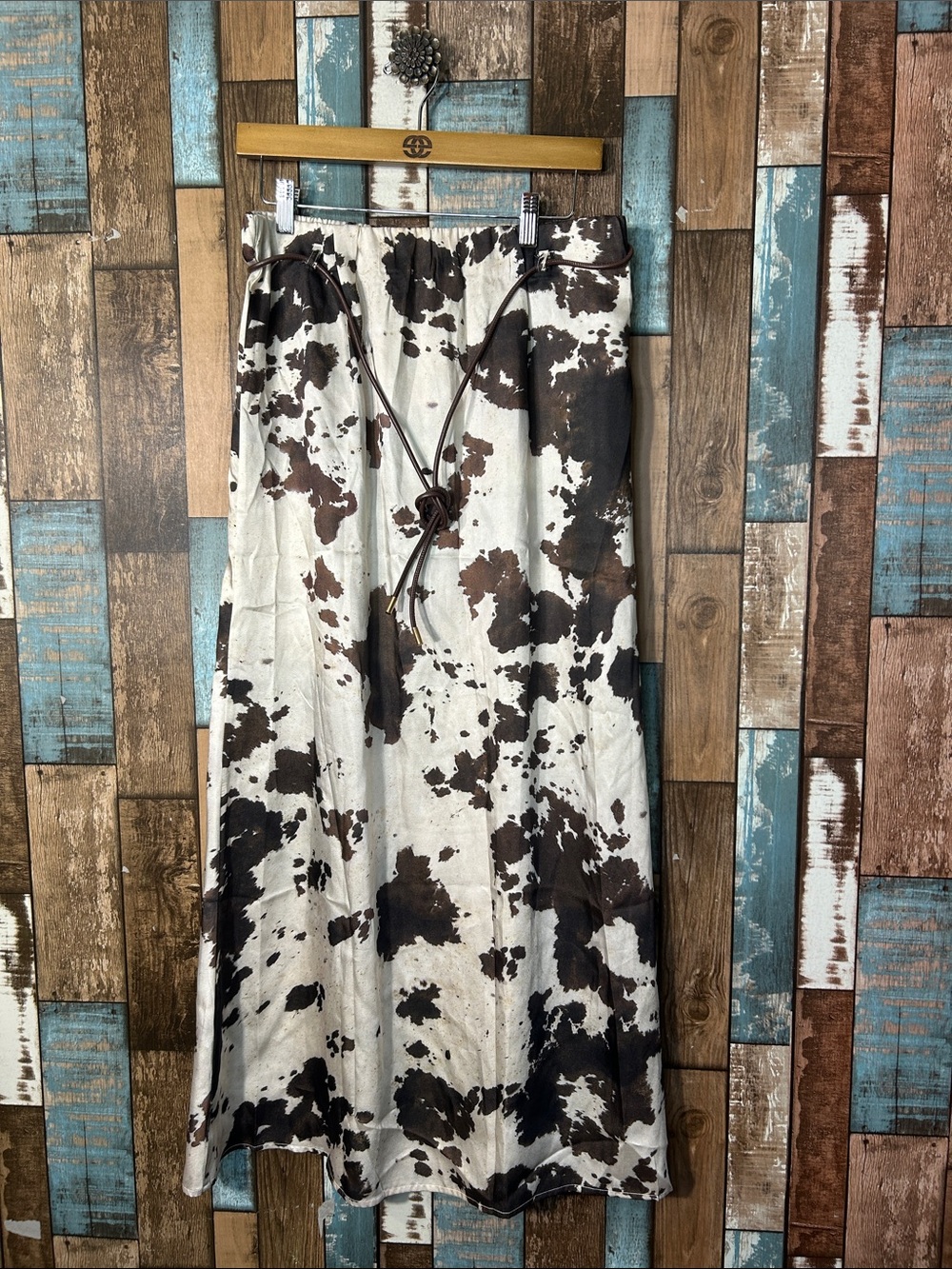 Women’s Maxi Skirt in Brown and Cream Cow Print with belt